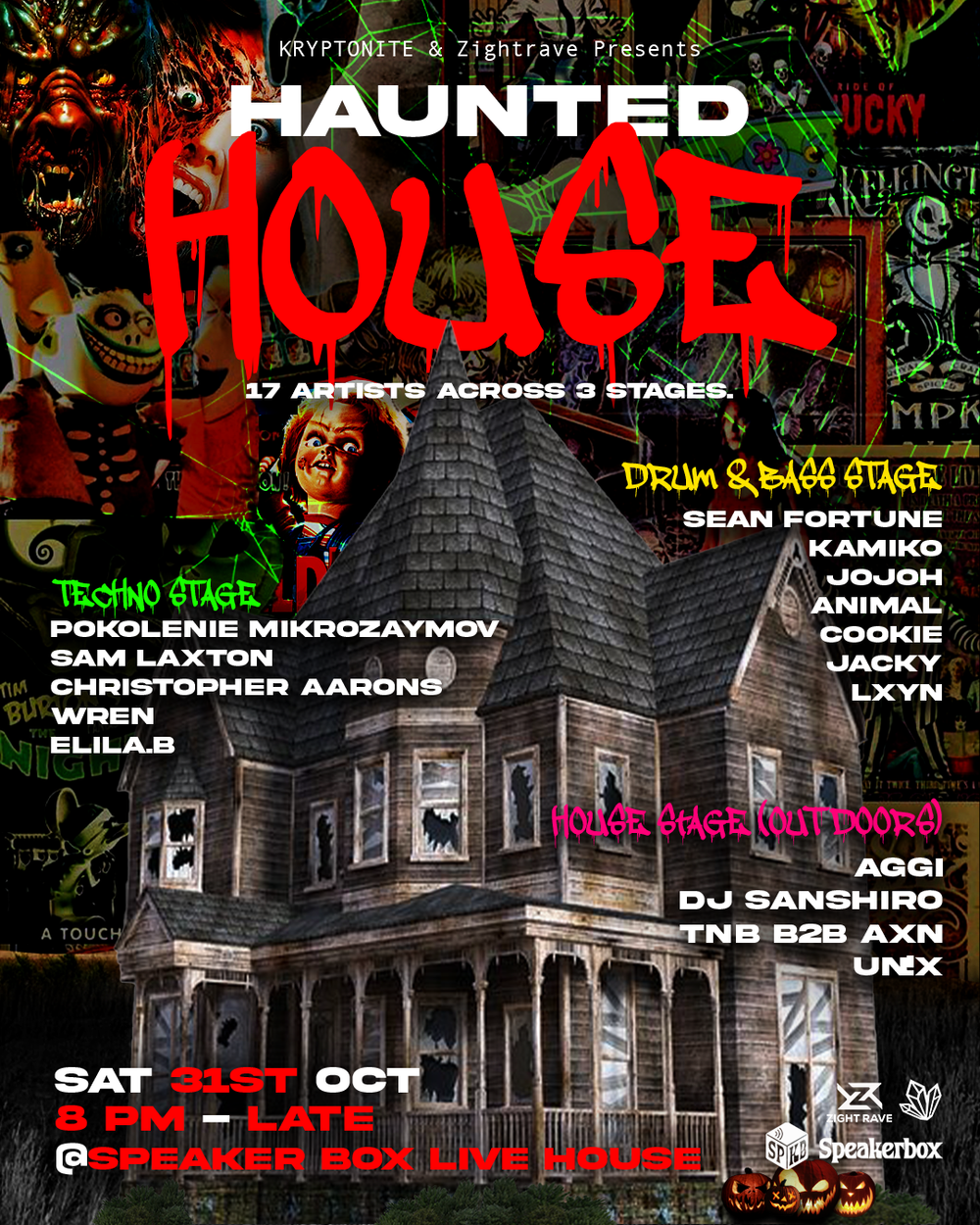 Flyer for Kryptonite x Jägermeister MEISTERHAUNTED HOUSE - 3 STAGES - TECHNO - DNB - HOUSE