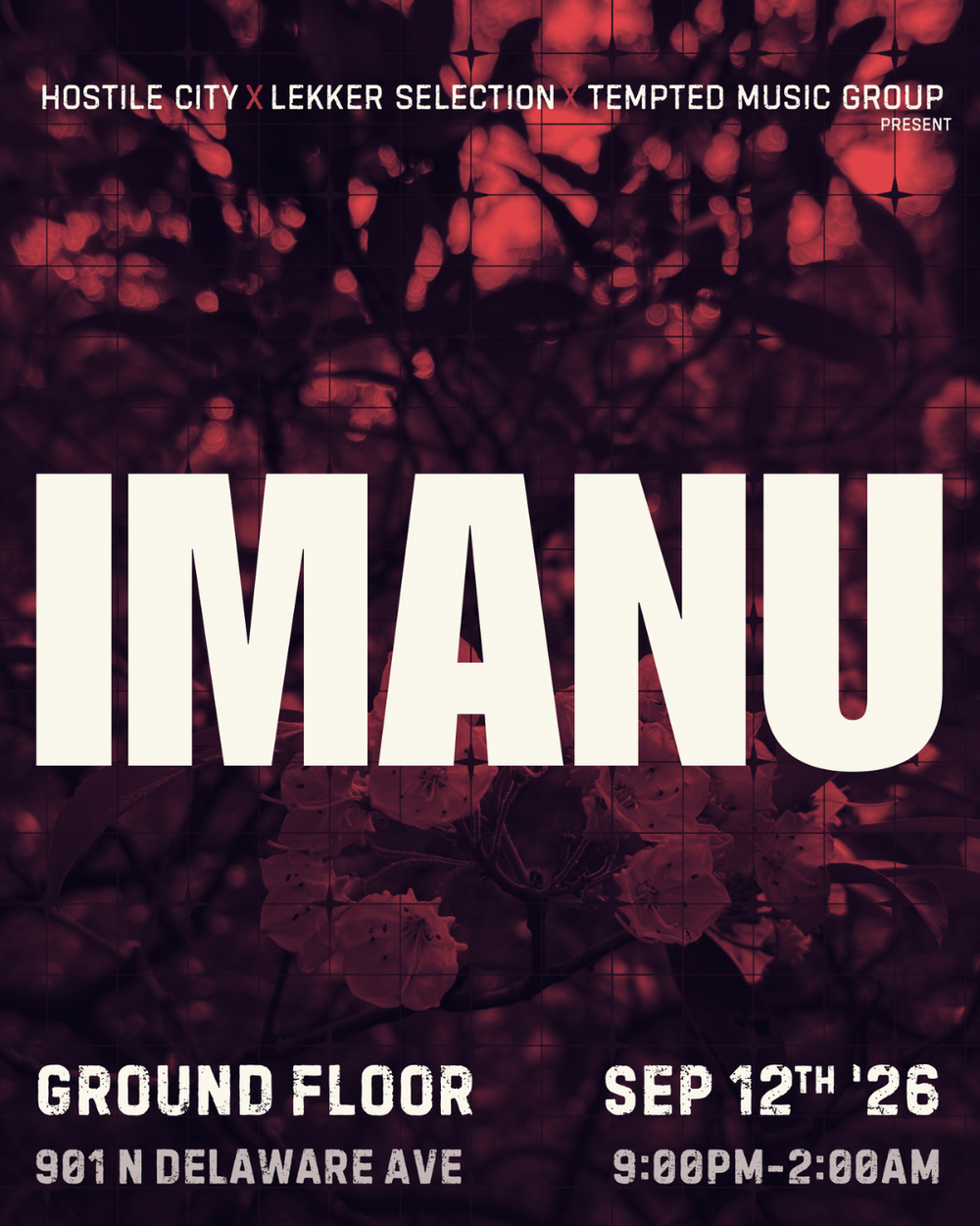 Flyer for IMANU presented by Hostile City x Lekker Selection x Tempted Music Group
