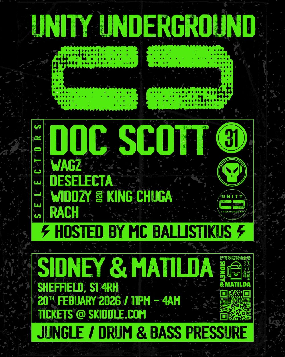 Flyer for Unity Underground, Doc Scott, Deselecta, Wagz, King Chuga, RACH, Widdzy