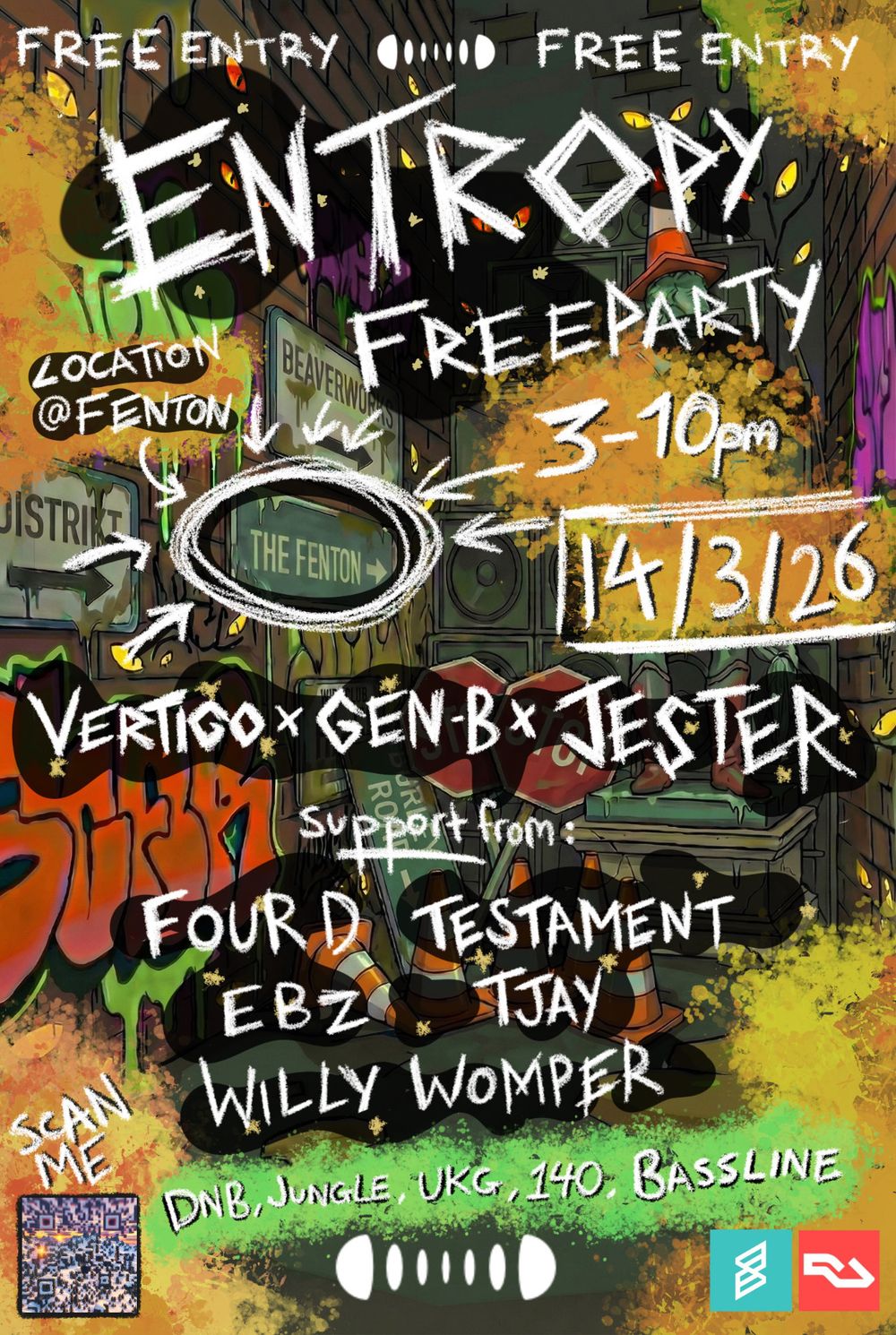 Flyer for ENTROPY FREE PARTY at FENTON // FOURD, TESTAMENT, TJAY & MORE