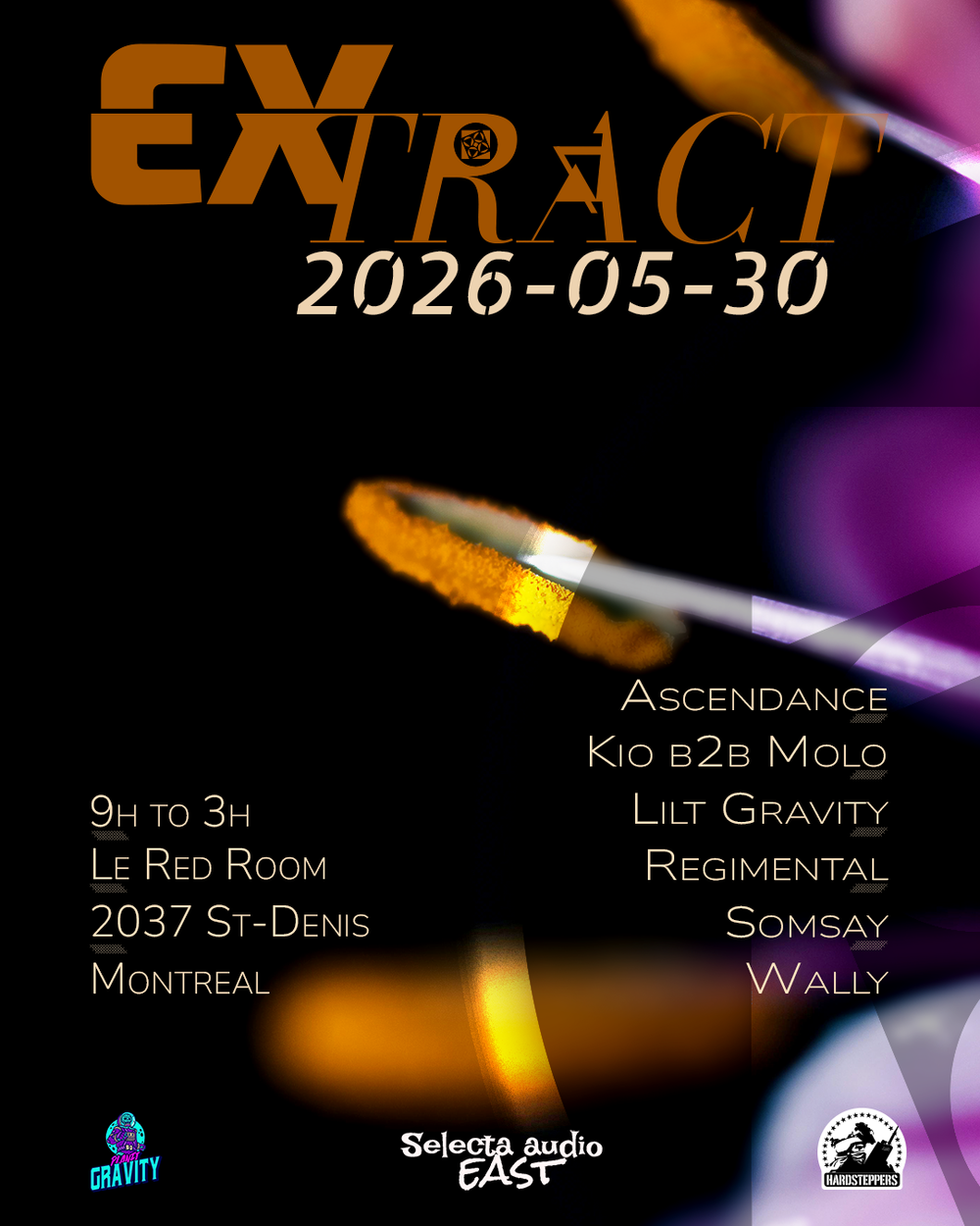 Flyer for EXtract - Hardsteppers hosts Selecta Audio East x Planet Gravity HFX