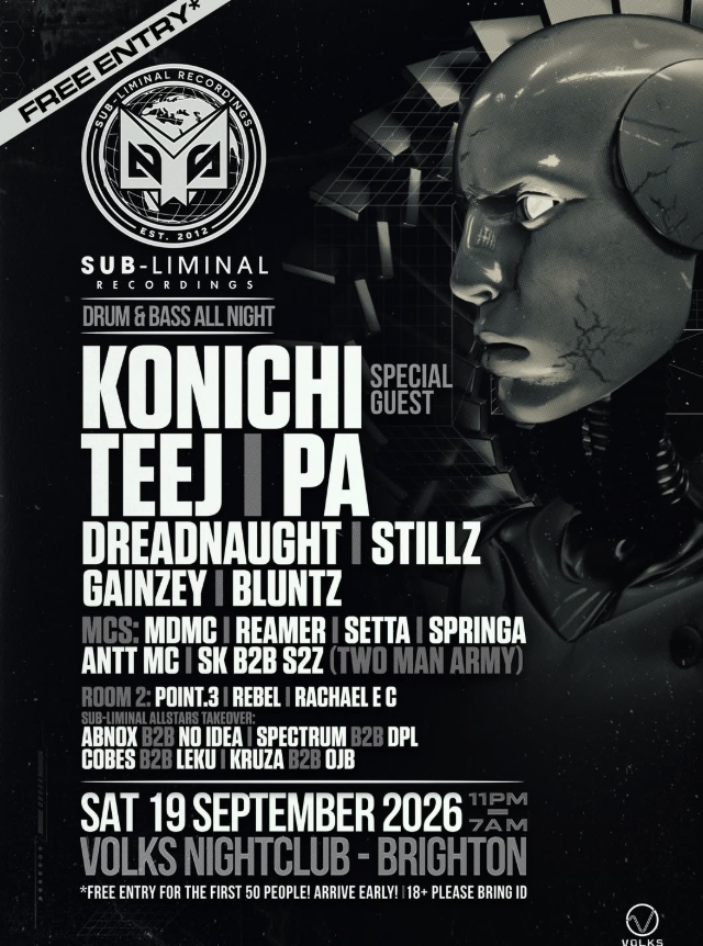 Flyer for Sub-liminal Recordings presents: Konichi, Teej, PA & More