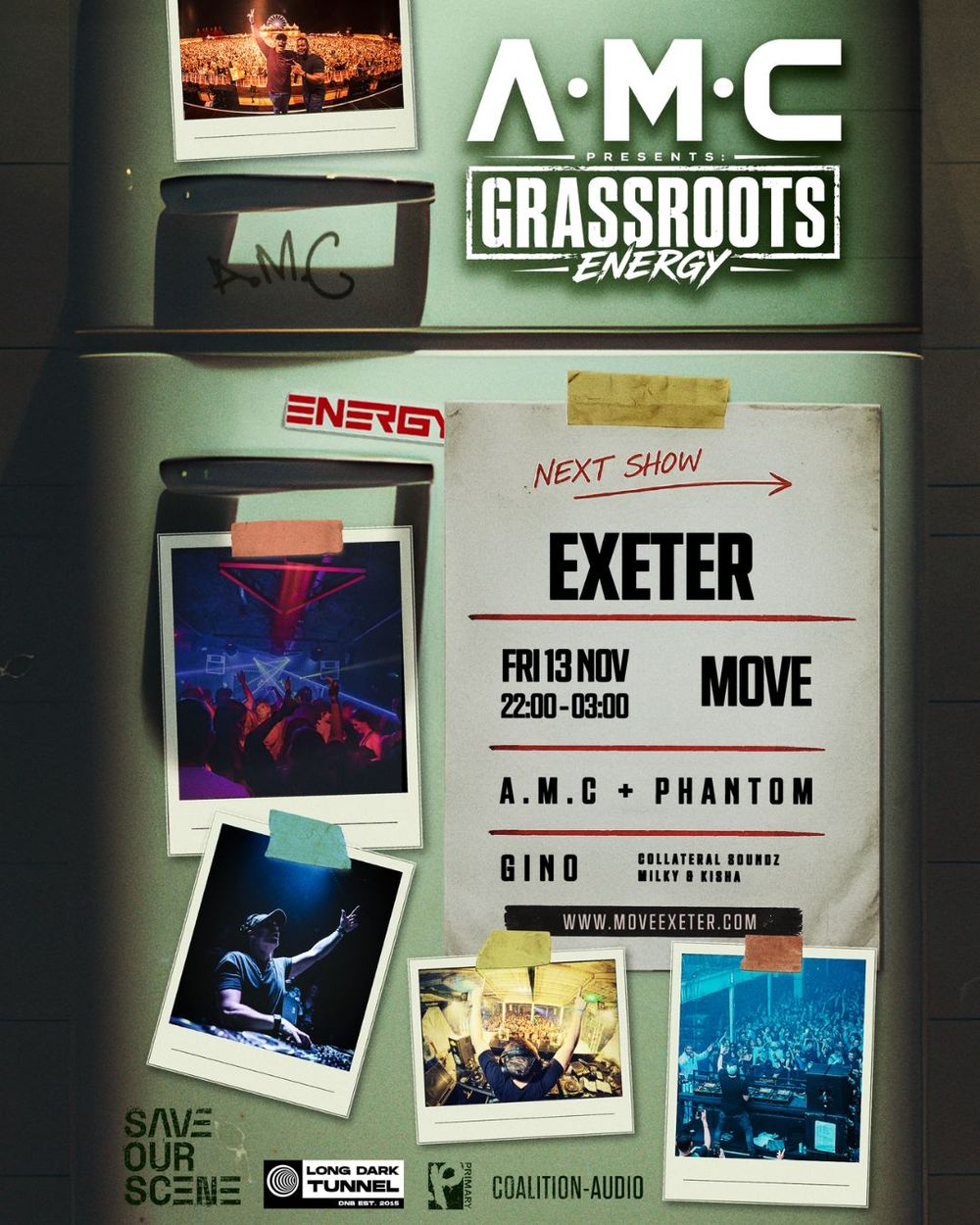 Flyer for A.M.C presents Grassroots Energy - A.M.C + PHANTOM, GINO + more - Exeter
