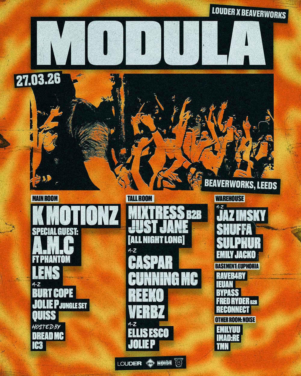 Flyer for MODULA Leeds - K Motionz, A.M.C, mixtress, Just Jane, CA$PAR