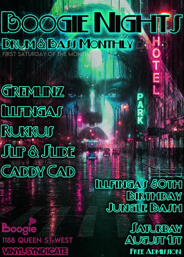 Flyer for Boogie Nights: Drum & Bass Monthly