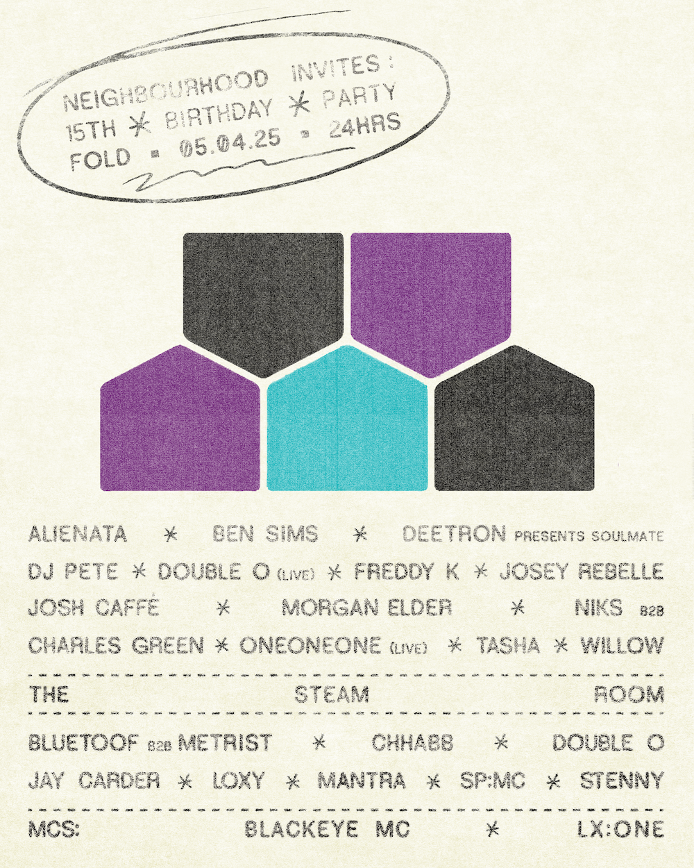 Flyer for Neighbourhood 15th Birthday w/ Alienata, Ben Sims, Deetron, DJ Pete, Freddy K, Josey Rebelle…