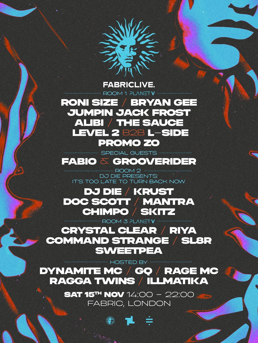 Flyer for FABRICLIVE x Planet V: Roni Size, Bryan Gee, Fabio & Grooverider, DJ Die, Krust, Doc Scott