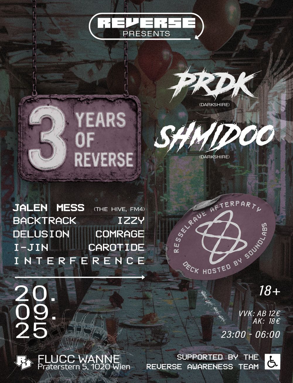 Flyer for 3 Years of Reverse pres. PRDK & Shmidoo + Resselrave Afterparty with Soundlabs