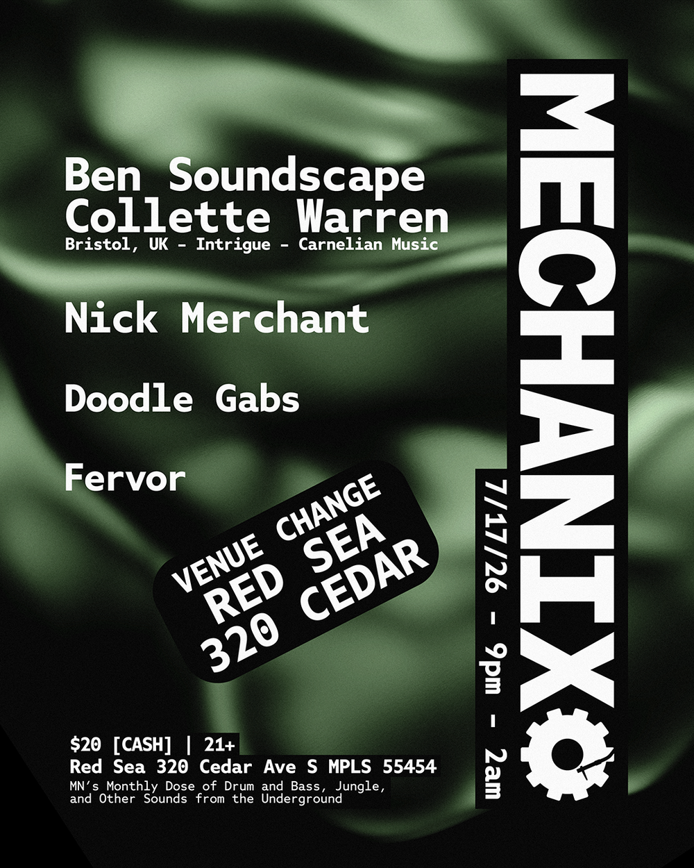 Flyer for Mechanix - July 2026 - Ben Soundscape & Collette Warren