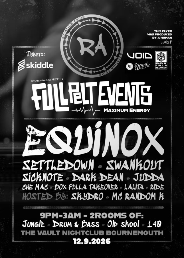 Flyer for Full Pelt Events presents: Equinox