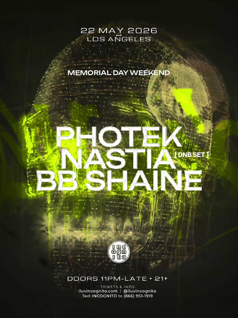 Flyer for INCOGNITO presents Photek + Nastia (DnB Set) + BB Shaine | Memorial Day Weekend