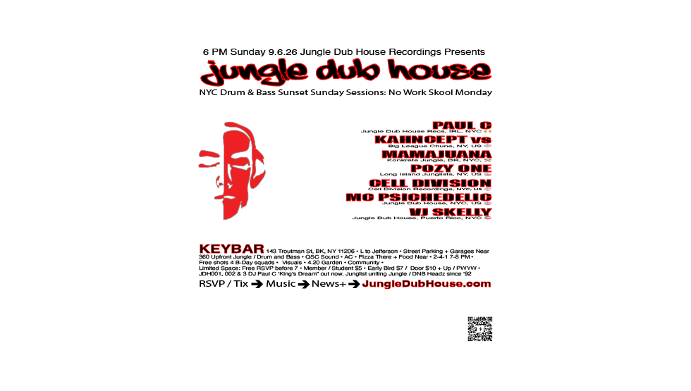 Flyer for JUNGLE DUB HOUSE: NYC Drum & Bass Sunset Sundays: Holiday Edition