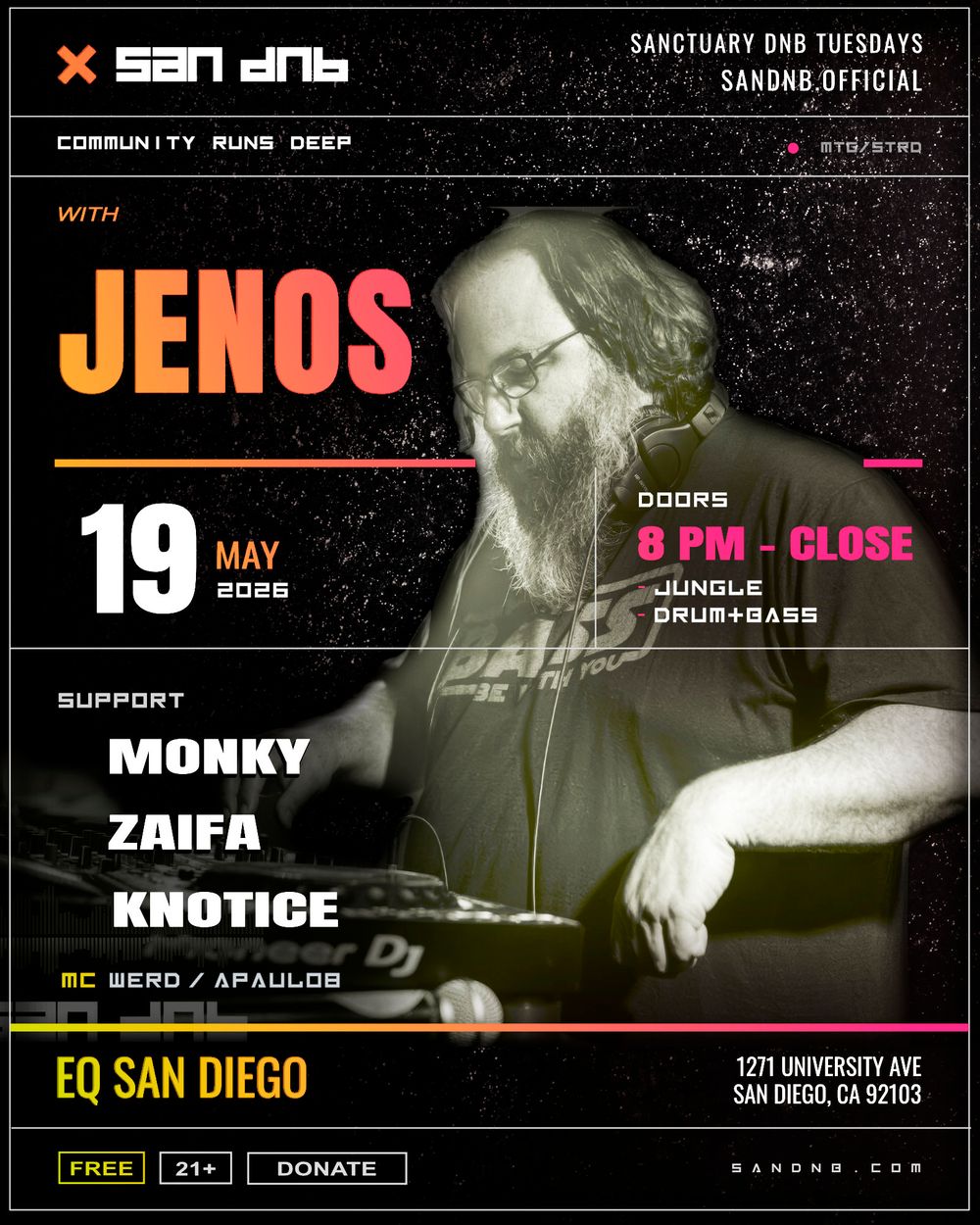 Flyer for San DNB presents Sanctuary with JENOS