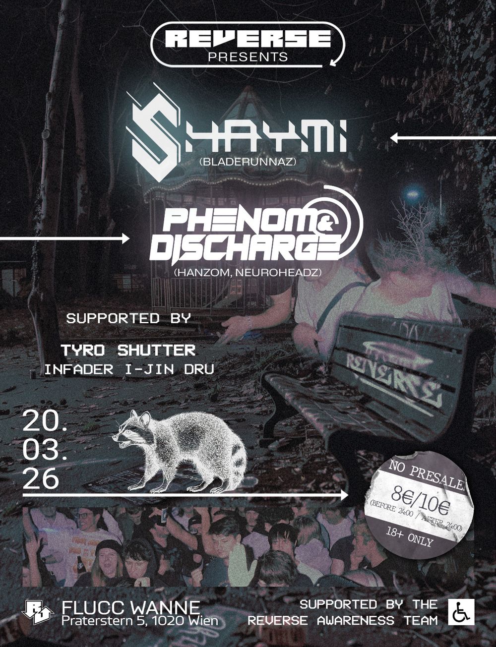 Flyer for Reverse Club Night with Shaymi, Phenom & Discharge