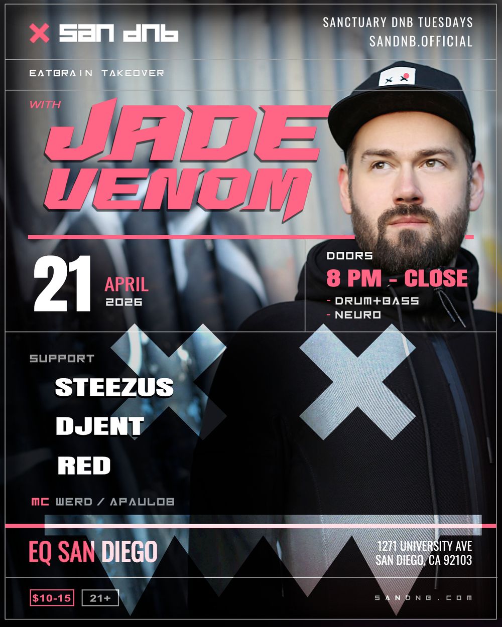 Flyer for San DNB presents Sanctuary with Jade Venom