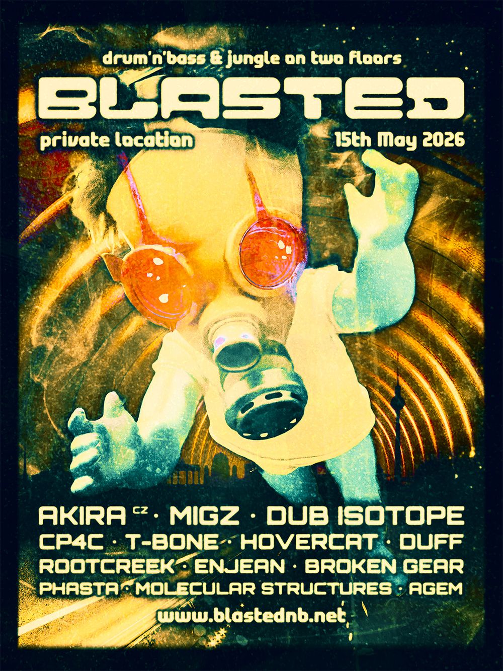 Flyer for Blasted 🅓🅝🅑 - underground drum'n'bass and jungle on two floors. Warm-up at AnzenSpäti