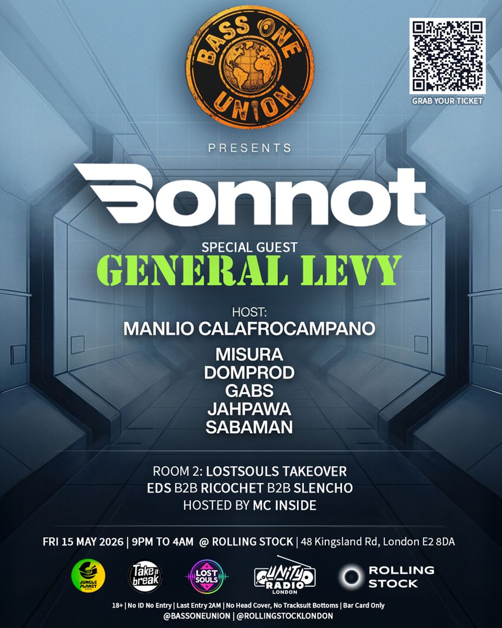 Flyer for Bass One Union with Bonnot and Special Guest General Levy