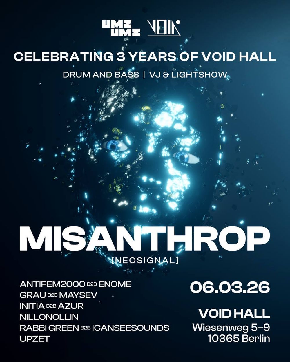 Flyer for VOID x UMZUMZ with Misanthrop, Initia, Rabbi Green, icanseesounds, Maysev, Upzet, nillonollin