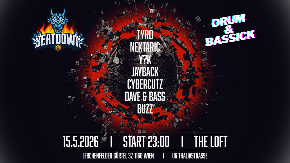 Flyer for BEATDOWN x DRUM & BASSICK