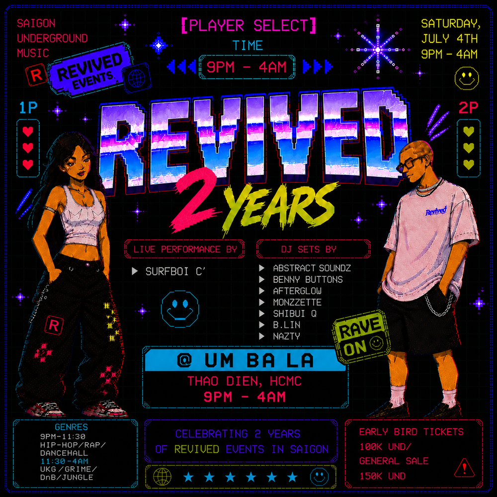 Flyer for Revived's 2nd Birthday at Um Ba La (20th event in Saigon)