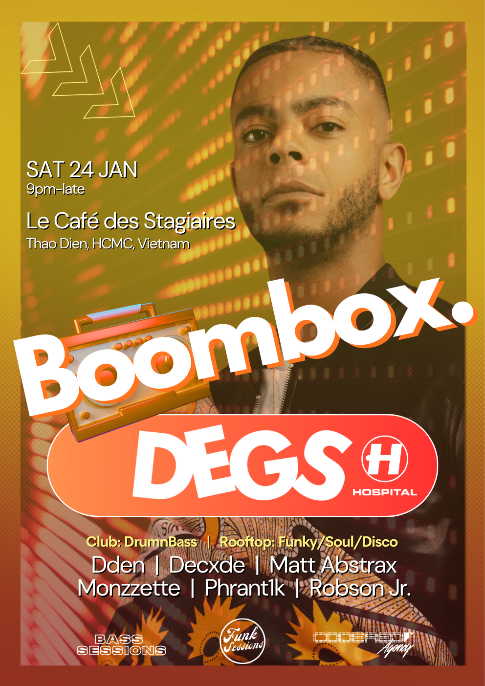 Flyer for BOOMBOX presents Degs (UK) Hospital Records