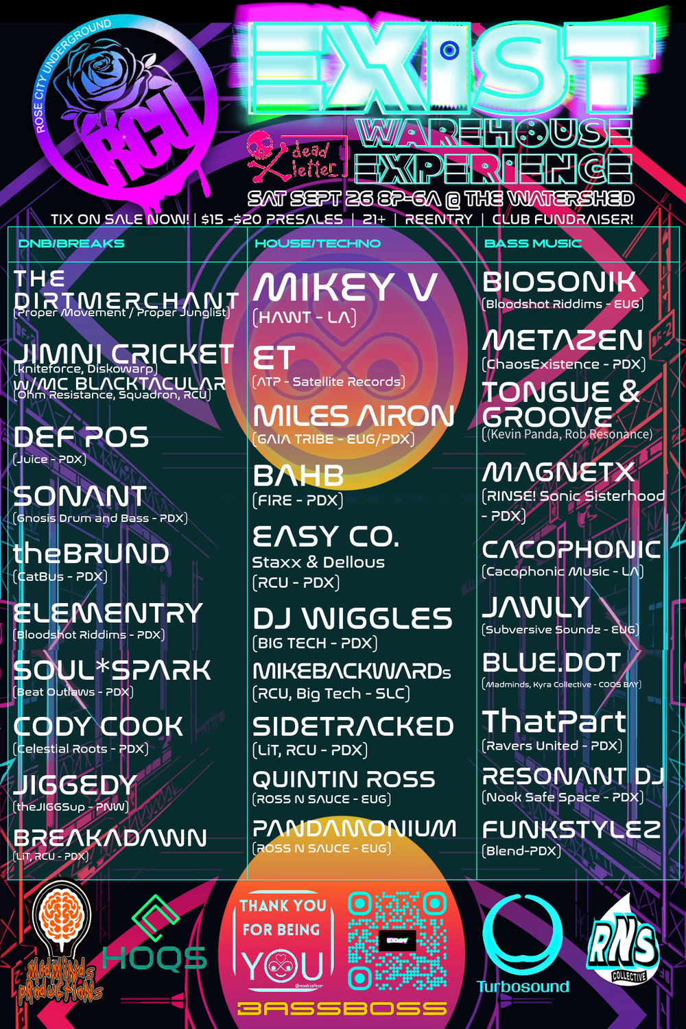 Flyer for RCU EXIST: WAREHOUSE EXPERIENCE - MASSIVE OG LINEUP at WATERSHED