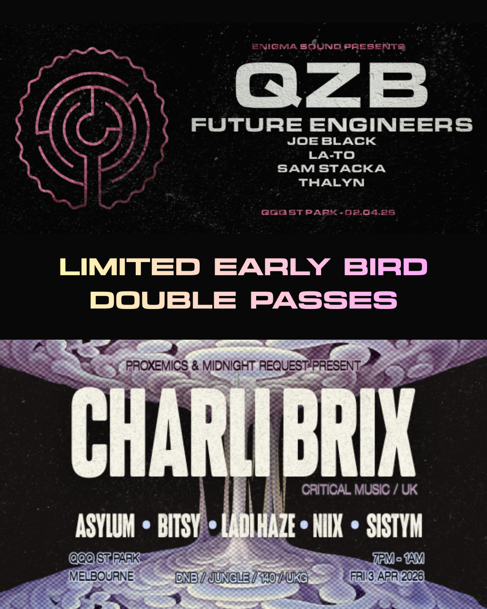 Flyer for QZB & Charli Brix - All Access Double Pass (Melbourne)