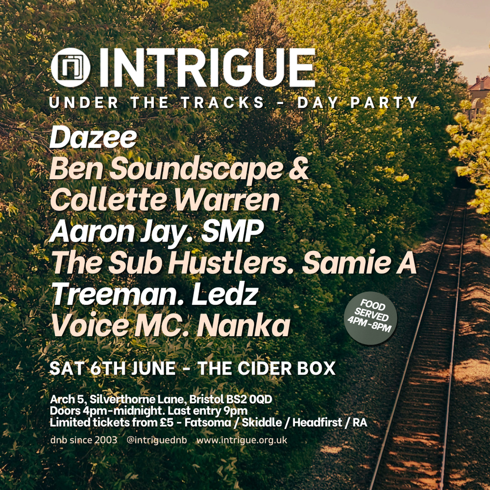 Flyer for Intrigue Day Party - Dazee, Ben Soundscape, Collette Warren