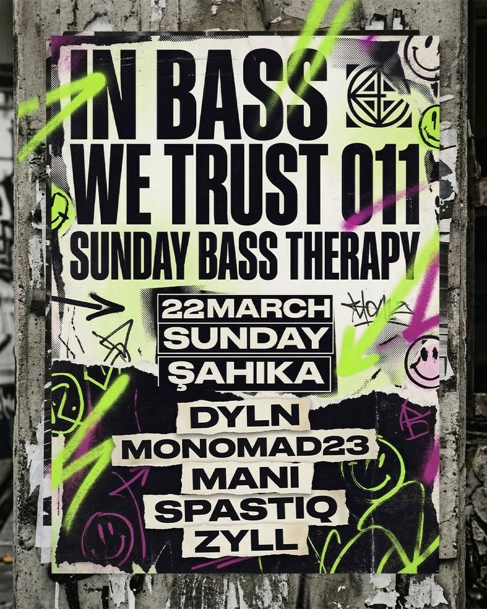 Flyer for IN BASS WE TRUST 011 - ART MARKET + SUNDAY BASS THERAPY