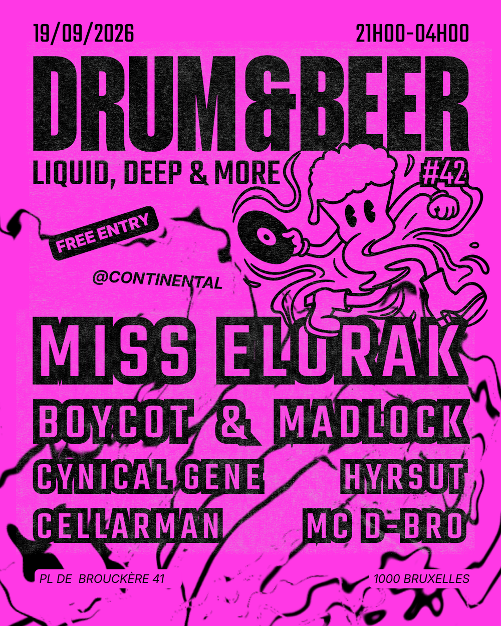 Flyer for Drum & Beer #42 : Liquid, Deep & more w/ Miss Elorak, Boycot & Madlock, Cynical Gene, MC D-Bro
