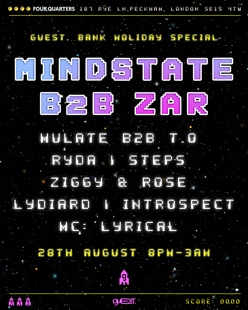 Flyer for guEst. invites Mindstate & Zar Bank Holiday Special