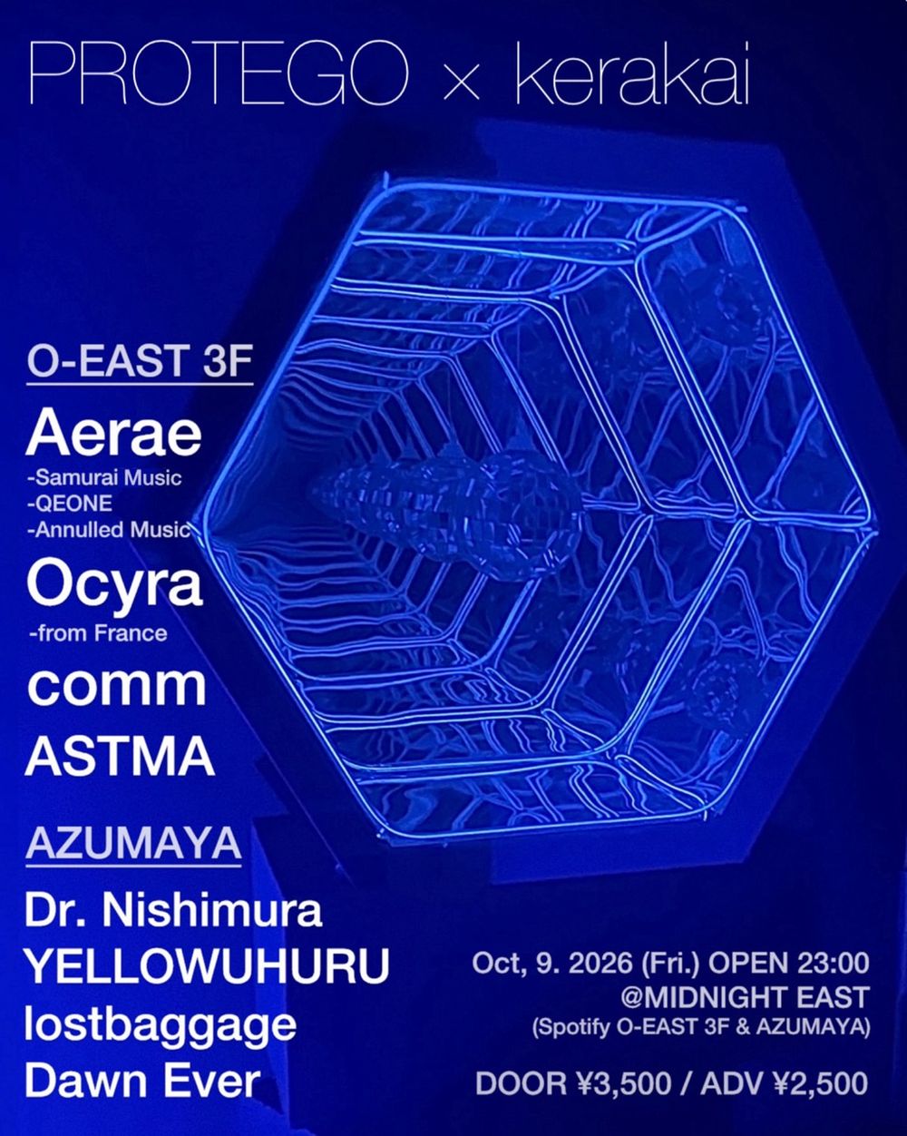 Flyer for PROTEGO x kerakai presents AERAE and Ocyra