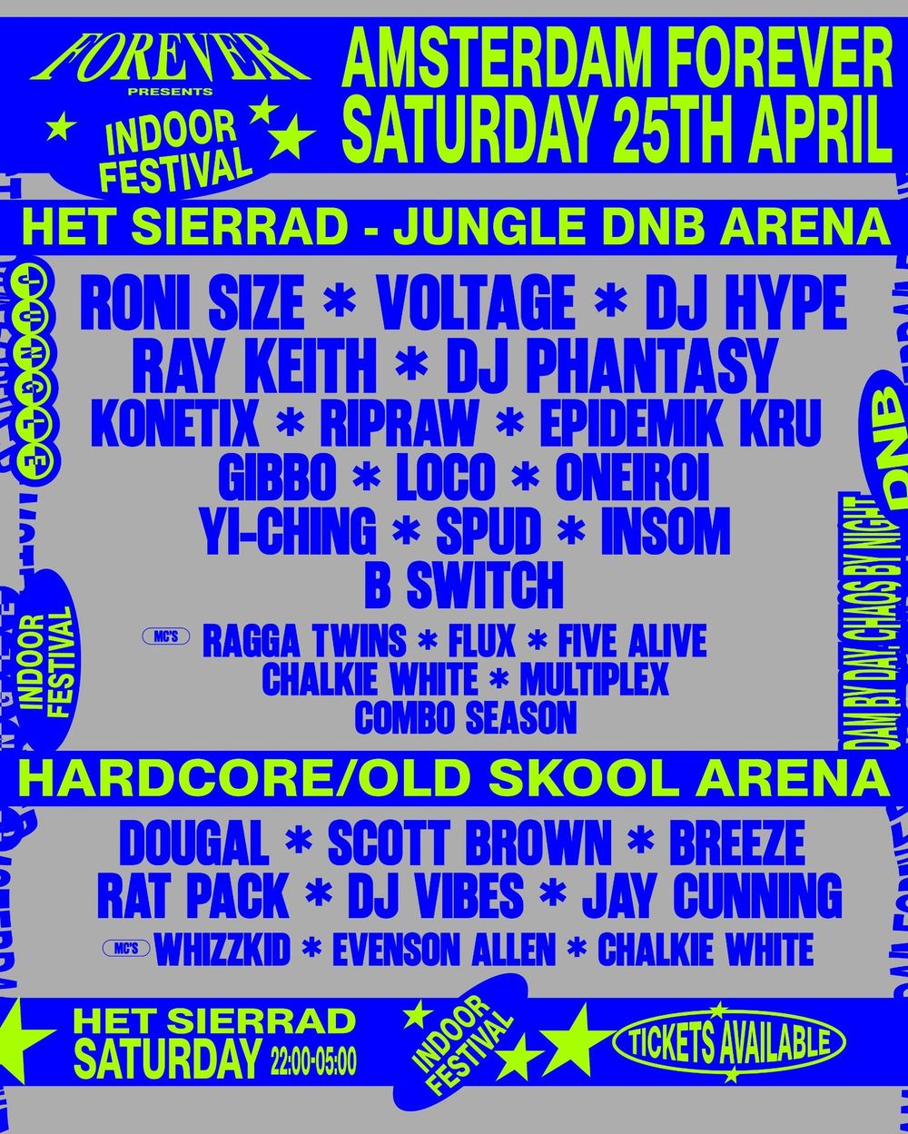Flyer for Amsterdam Forever // Roni Size / Voltage / DJ Hype / Ray Keith / Dougal / Scott Brown & MORE