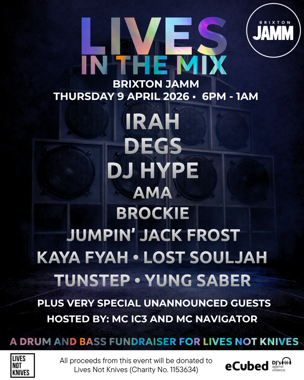 Flyer for Lives in the Mix - a drum and bass fundraiser for Lives Not Knives