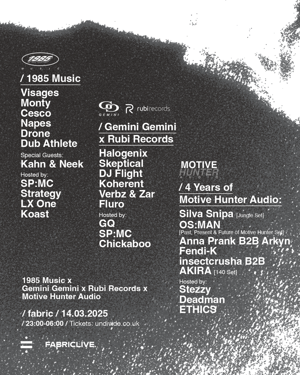 Flyer for FABRICLIVE X 1985 MUSIC