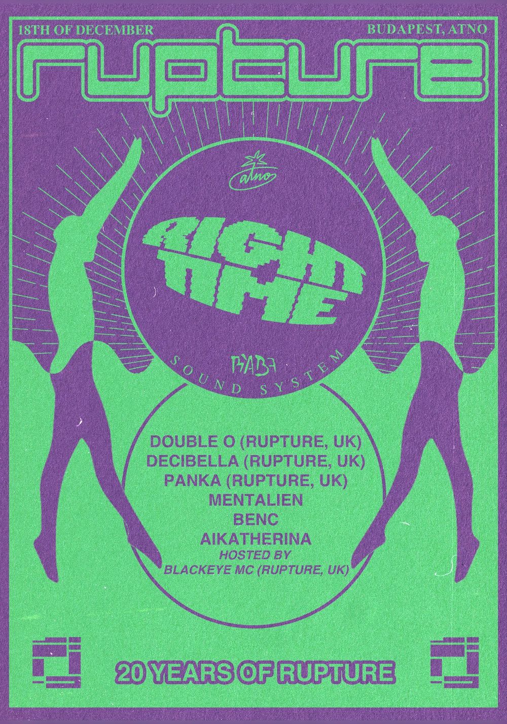 Flyer for ◉ RIGHT TIME - 20 YEARS OF RUPTURE - Double O, Decibella, Blackeye MC ◉