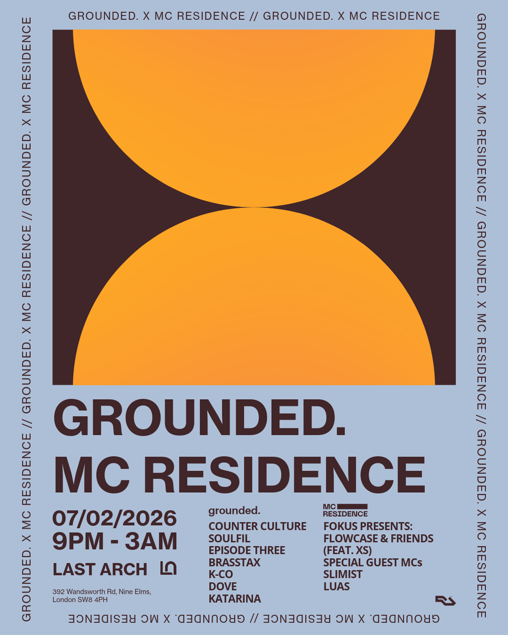 Flyer for grounded. x MC RESIDENCE (liquid dnb // jungle // garage)