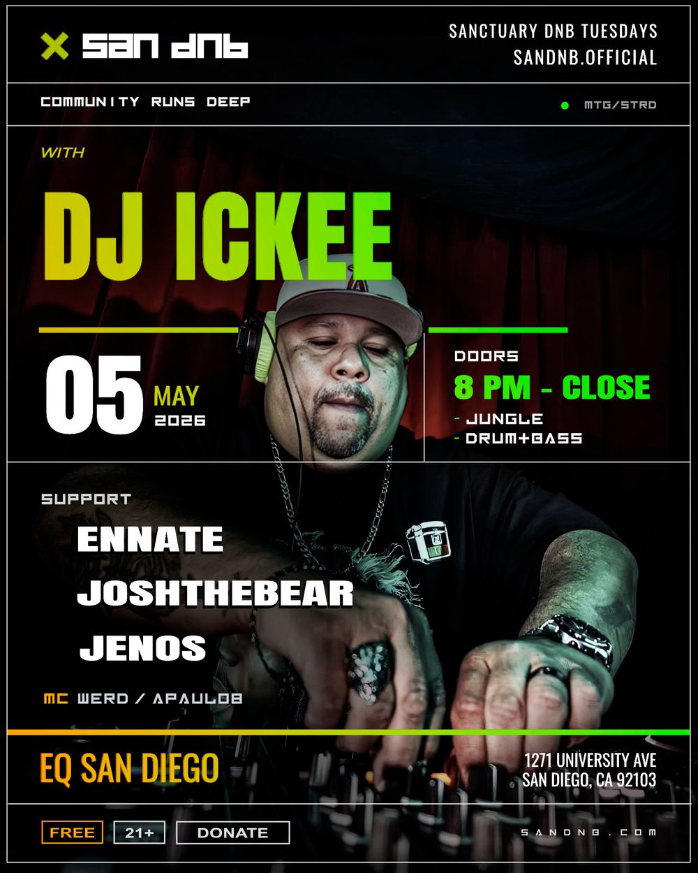 Flyer for San DNB presents Sanctuary with DJ Ickee