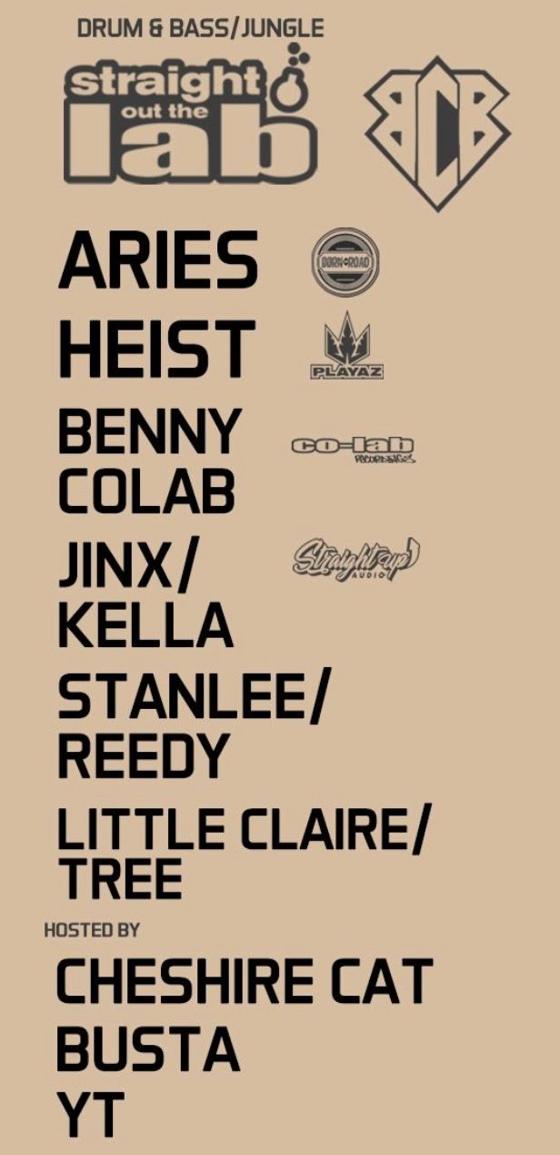 Flyer for SOTL & BCB DnB Day Party: Aries, Heist, Cheshire Cat