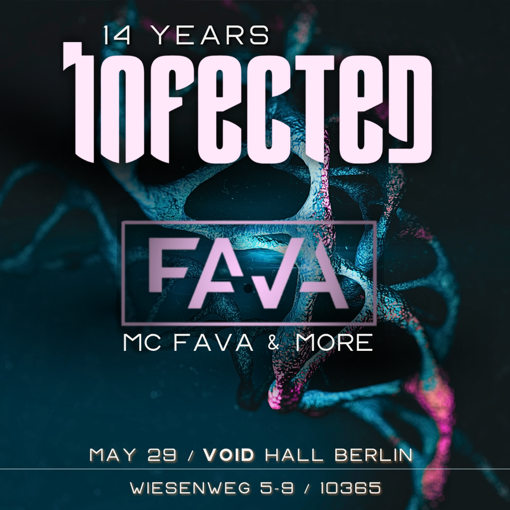 Flyer for 14 Years Infected Dnb with MC Fava, Upzet, Enjean, Shaded Lines, Nerv