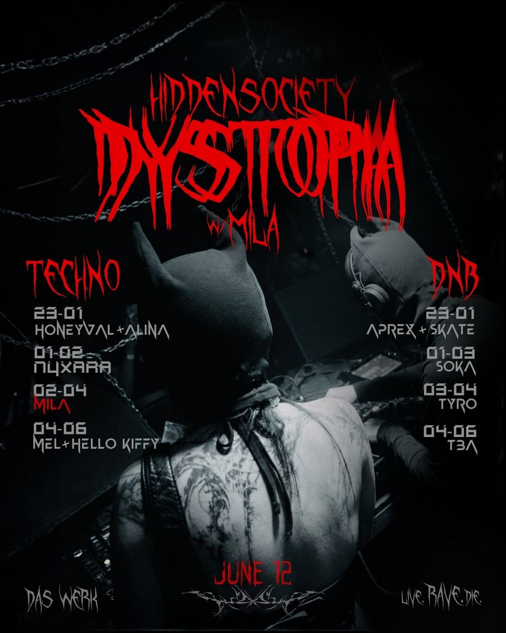 Flyer for DYSTØPIA RAVE with MILA