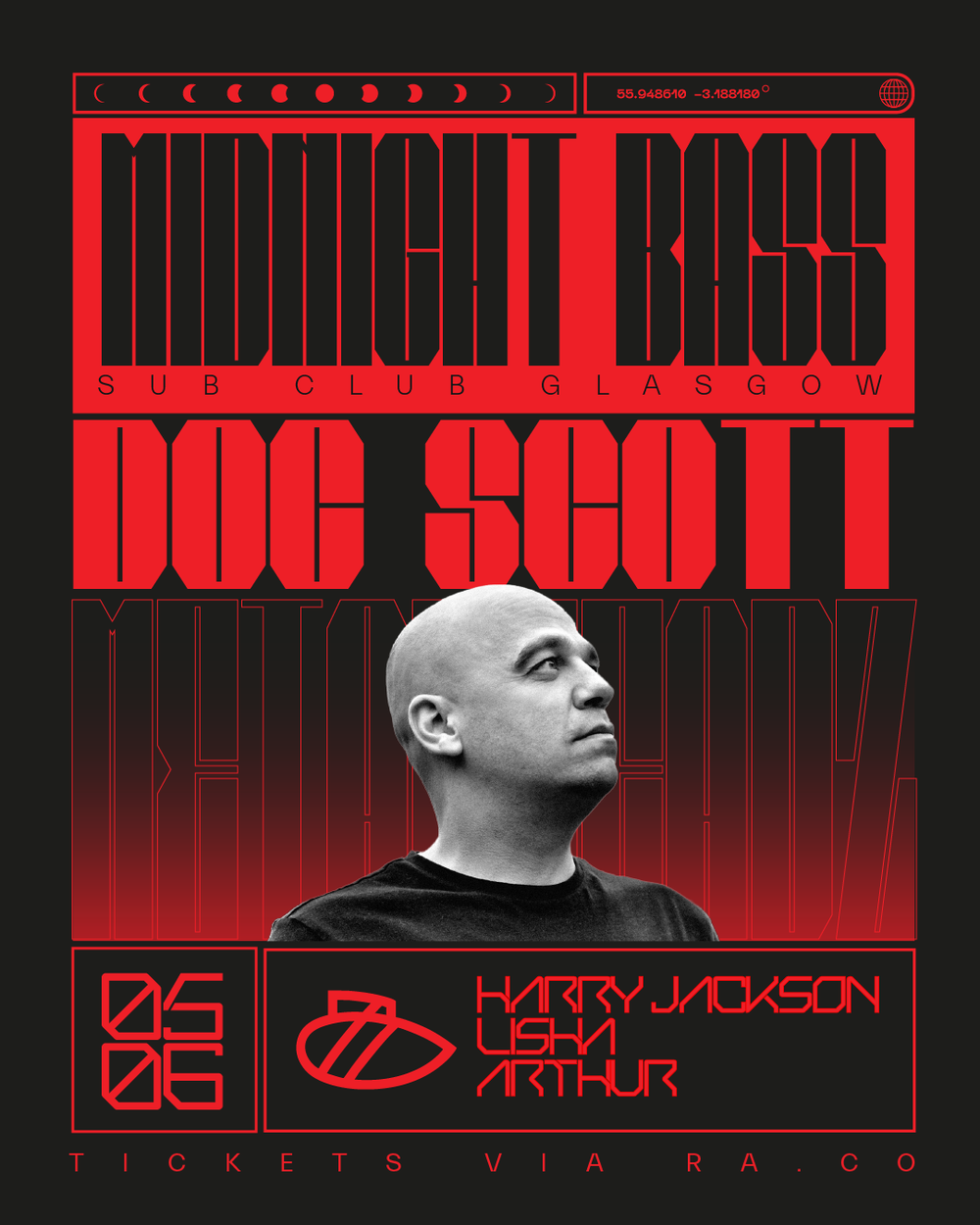 Flyer for Midnight Bass // Doc Scott (Metalheadz / 31 Recordings)