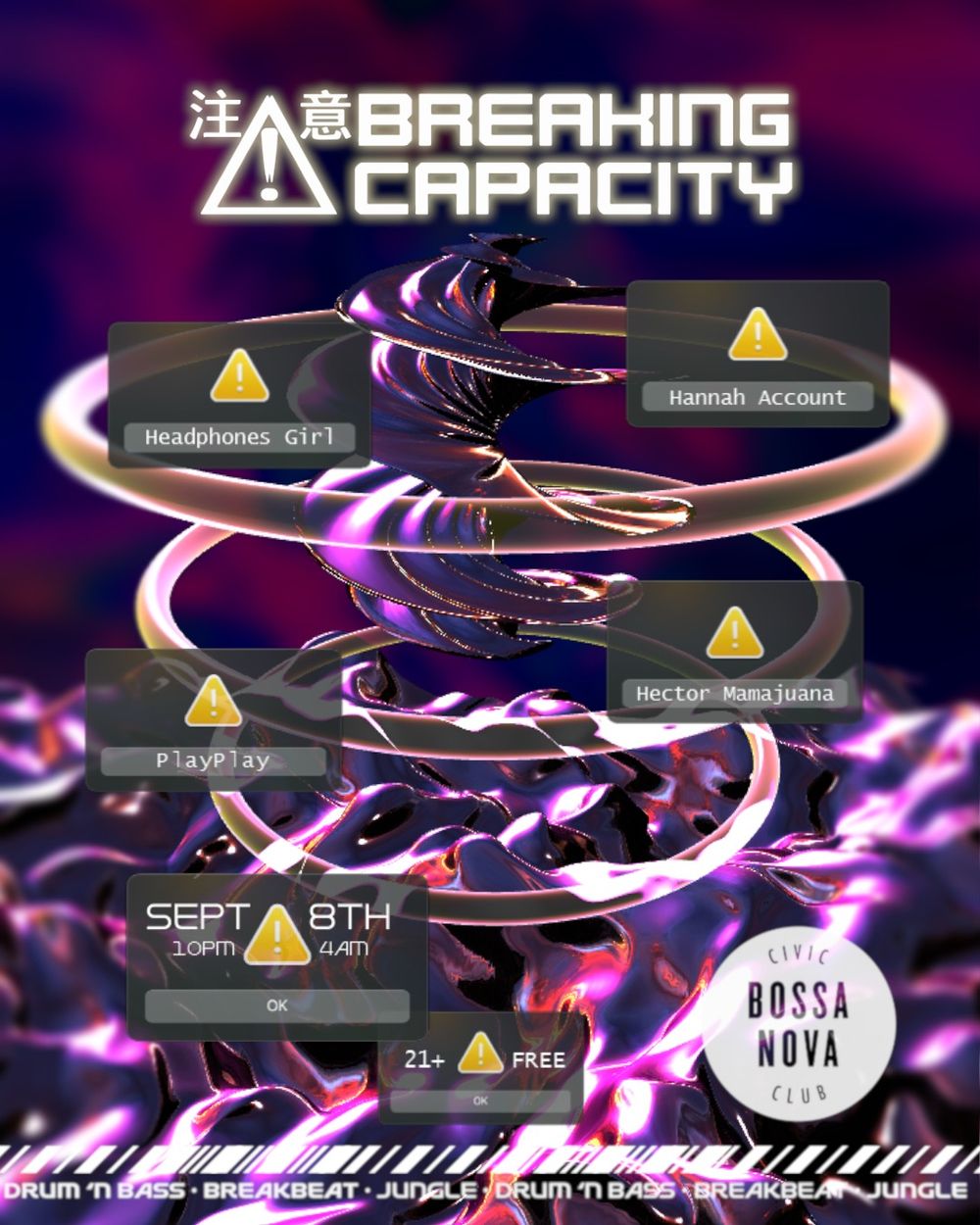Flyer for Breaking Capacity: Headphones Girl, Hector Mamajuana, Hannah Account, PlayPlay