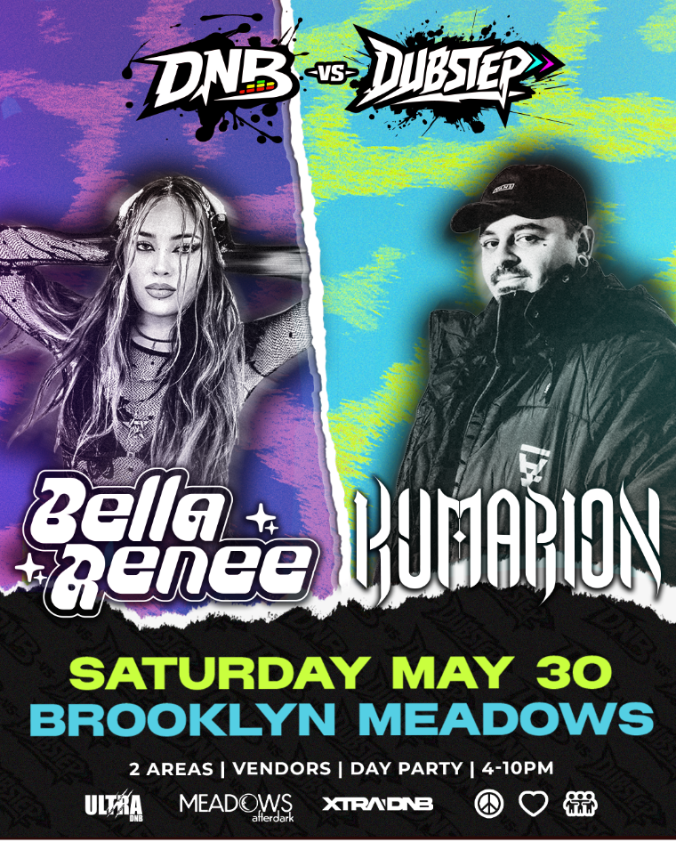 Flyer for NYC'S Biggest Drum and Bass & Dubstep Day Party - BELLA RENEE X KUMARION