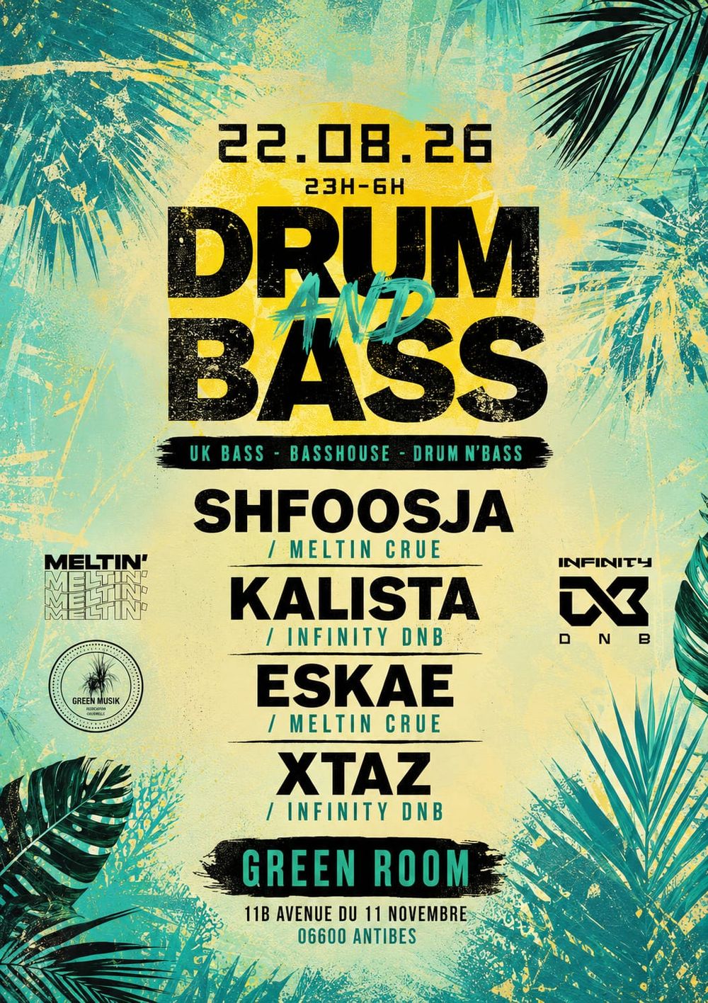Flyer for INFINITY DNB invite MELTIN' CRÜE - DRUM N'Bass / BassLINE / UK Bass