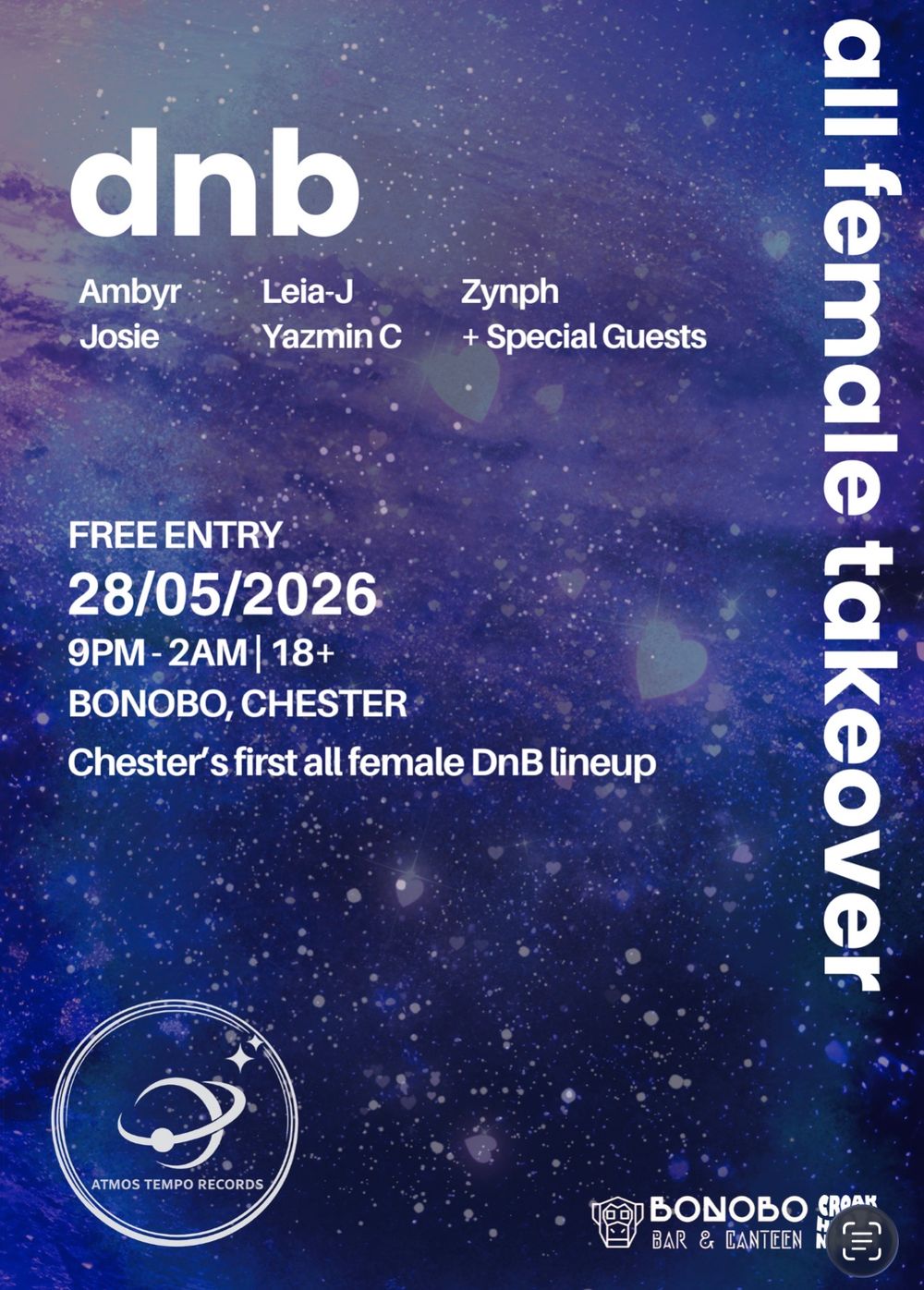 Flyer for ATMOS PRESENTS 003 - LADIES OF DNB at Bonobo Bar & Canteen, Chester