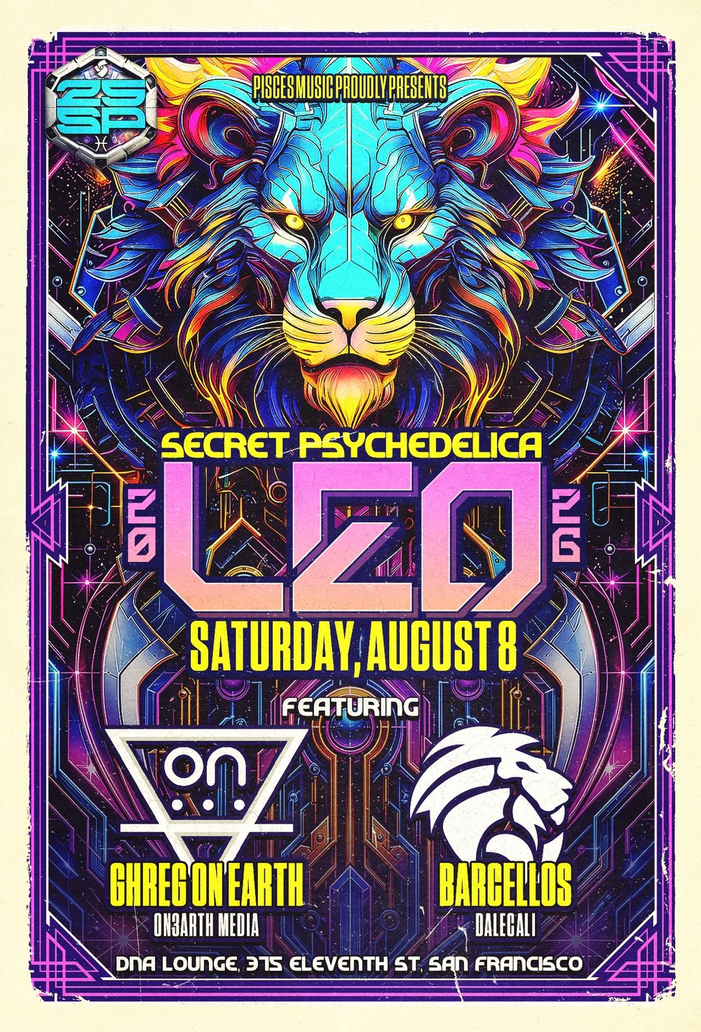 Flyer for Secret Psychedelica: LEO 2026 with GHREG ON EARTH, BARCELLOS,