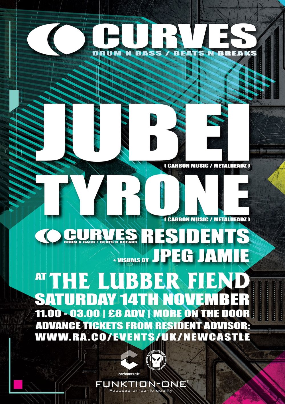 Flyer for Curves presents: Jubei, Tyrone, + residents