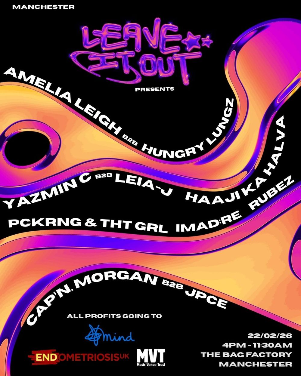 Flyer for LEAVE IT OUT MCR: Amelia Leigh, Hungry Lungz, CAP'N. MORGAN, imad:re, PCKRNG & THT GRL & MORE
