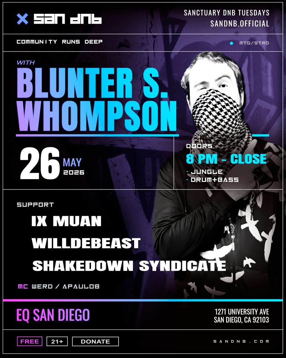 Flyer for San DNB presents Sanctuary with Blunter S. Whompson